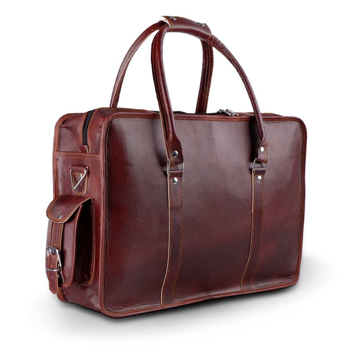 Brown leather briefcase with front vertical seams and side carry straps