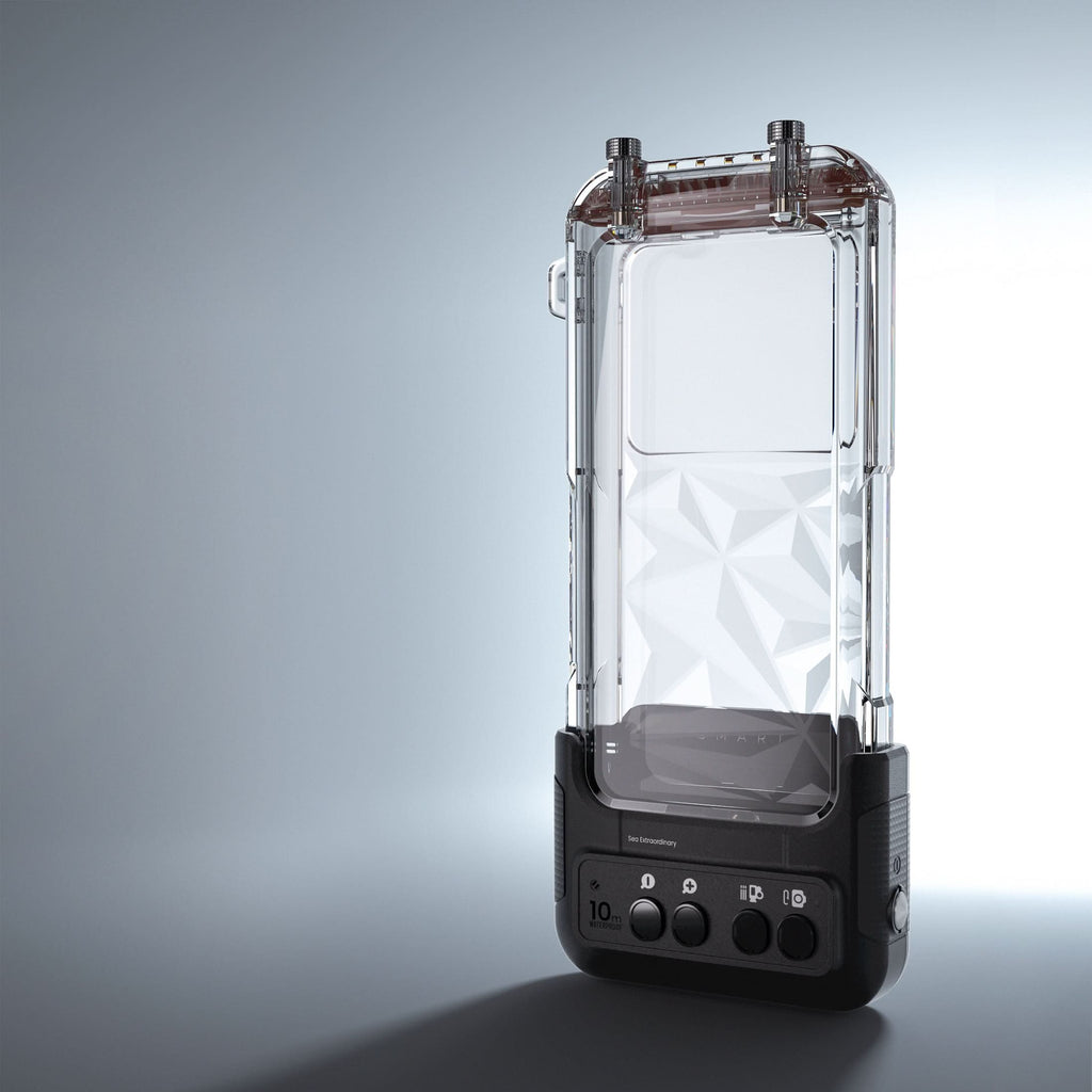 Waterproof phone case with clear front, orange seals, and black control panel