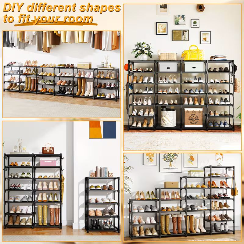 Shoe rack organizer with black metal shelves, shown in multiple room layouts