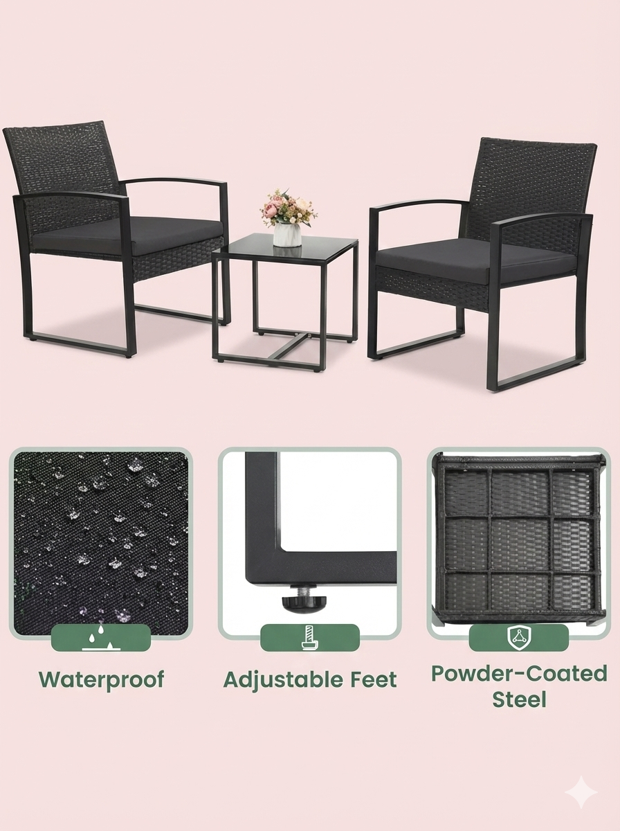 3-piece patio furniture set with two dark woven chairs, cream cushions, and square bar table