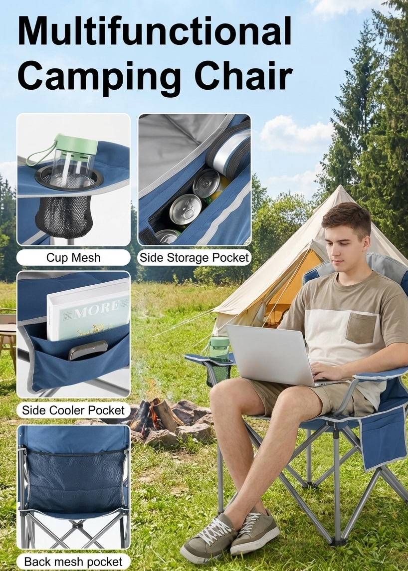 Blue folding camping chair with cup holder and side storage pockets