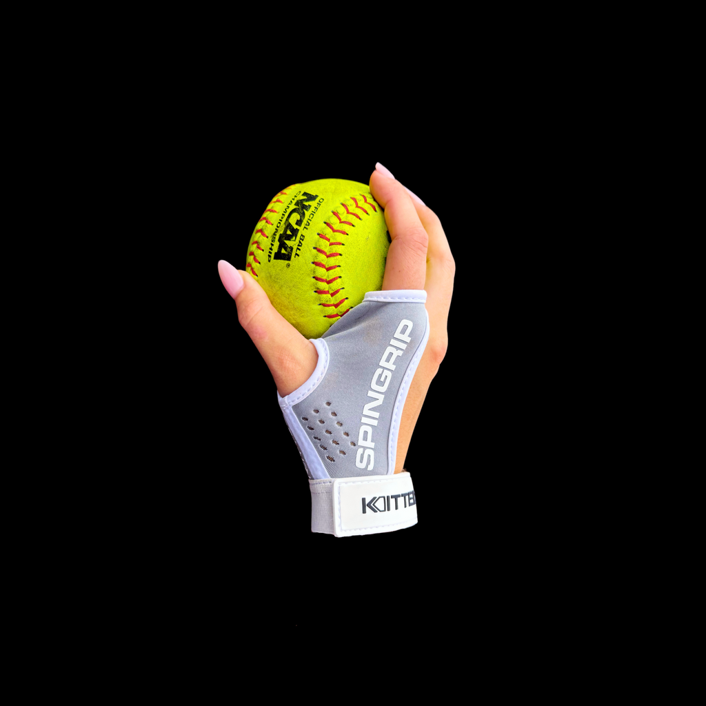Softball training grip with neon yellow ball held in gray padded wrist strap