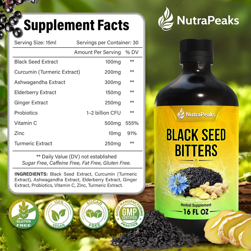 Black seed bitters bottle with Supplement Facts panel and ingredient list, plus label.
