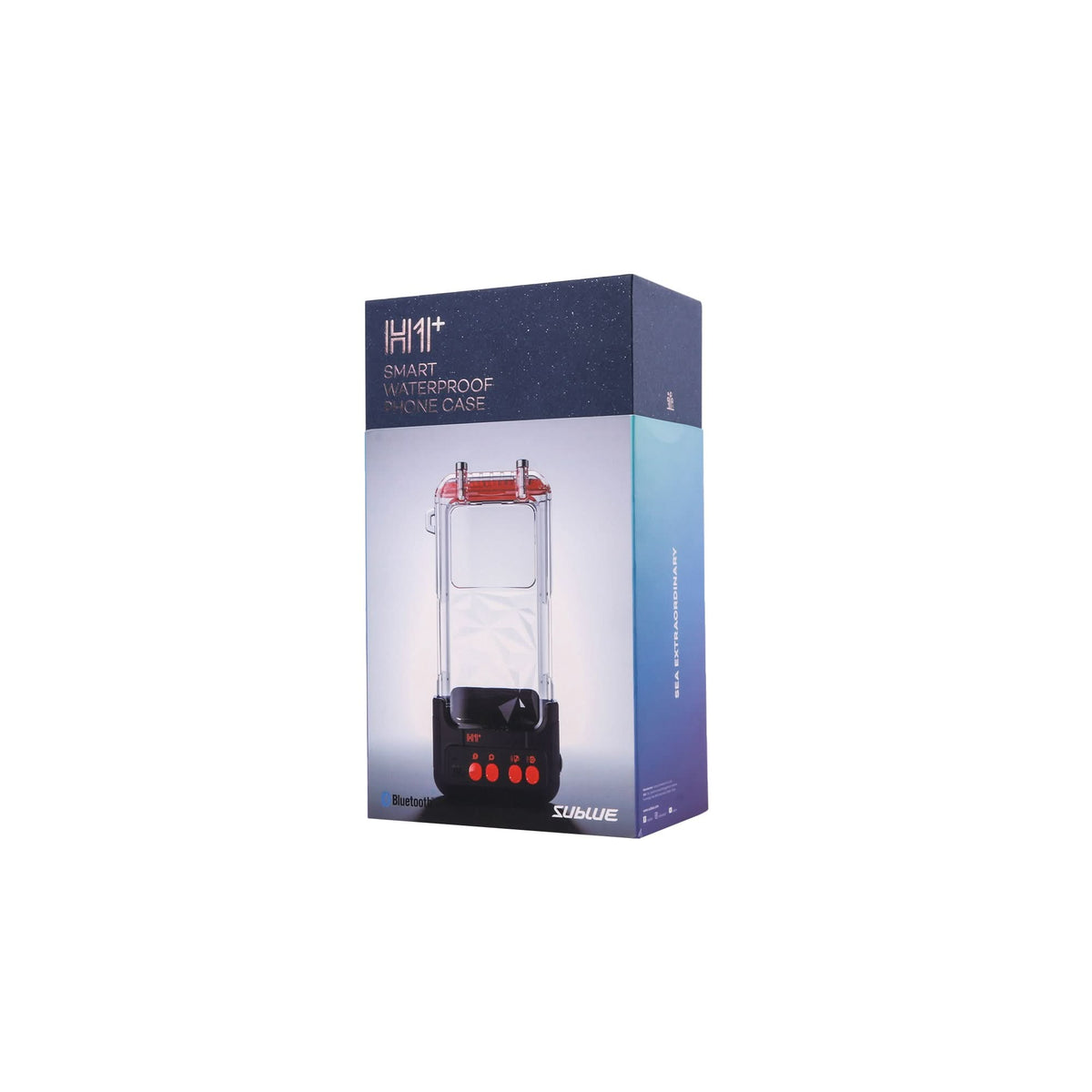 H1+ waterproof phone case retail box with clear case image and orange control buttons