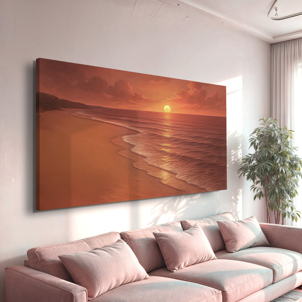 Landscape framed beach canvas with sunset sun over ocean waves on a living room wall