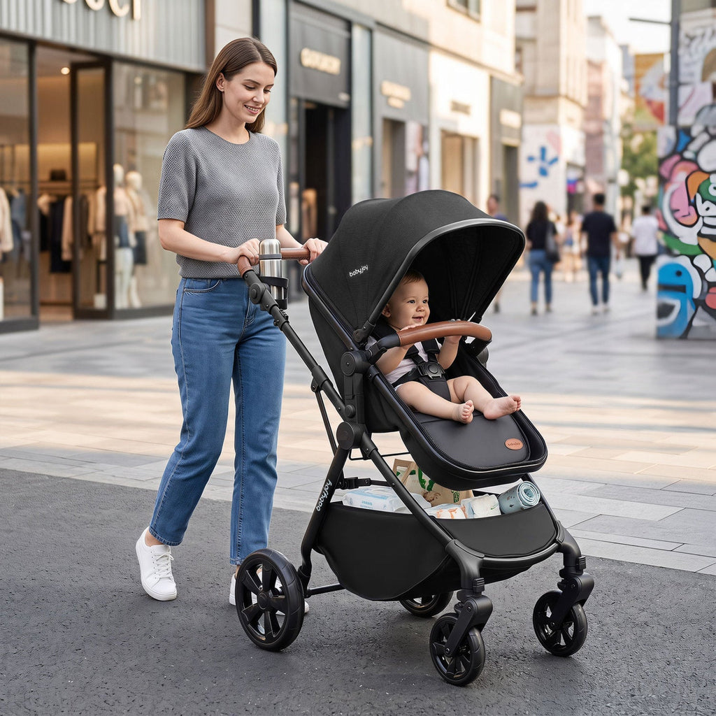 Black baby stroller with large canopy, padded seat, and multi-direction wheels