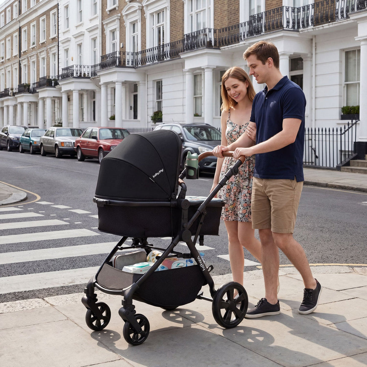 Black stroller with canopy and extended seat unit, with car seat adapter brackets