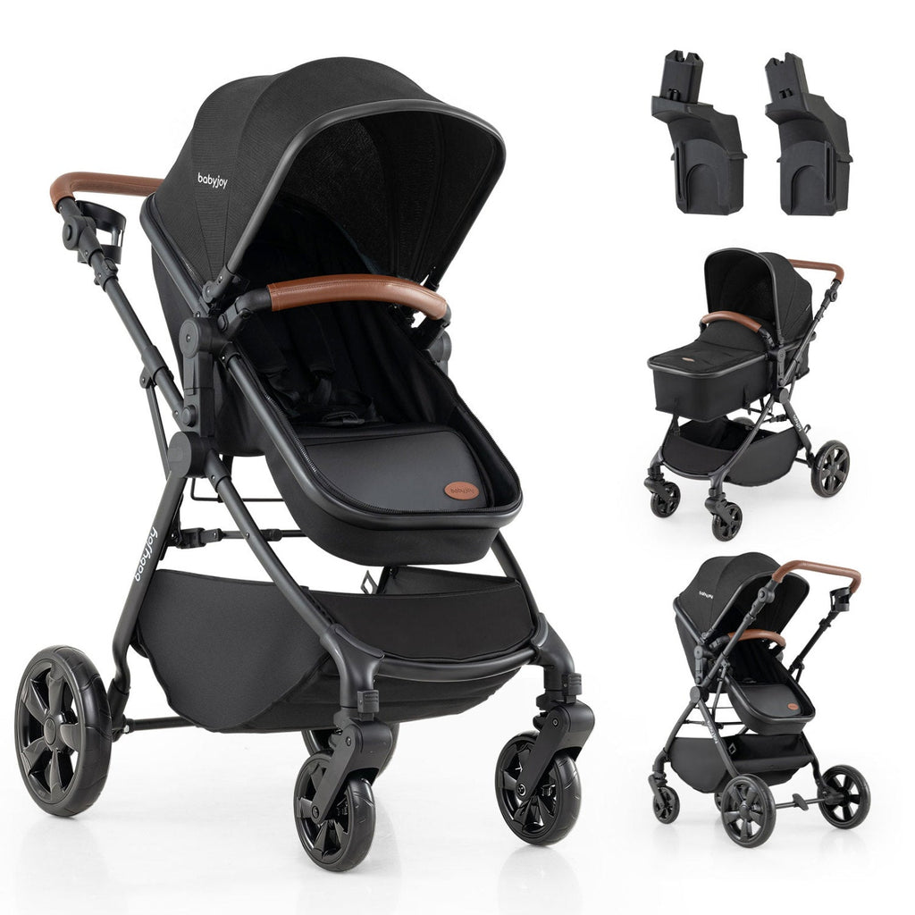 Black baby stroller with carrycot-style seat and car seat adapter brackets, 4-wheel frame