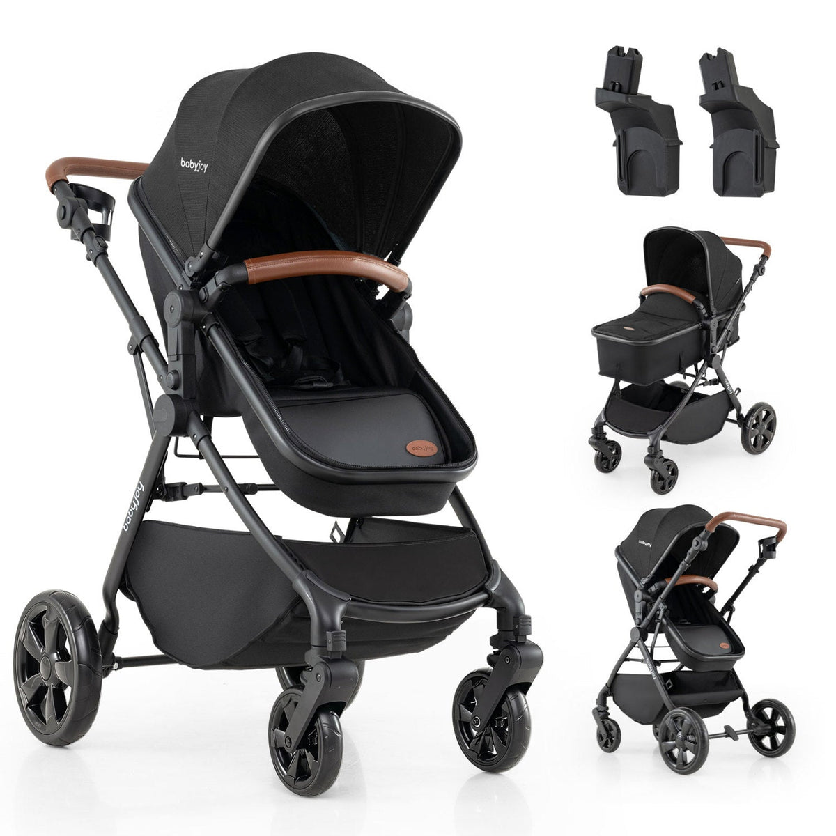 Black baby stroller with carrycot-style seat and car seat adapter brackets, 4-wheel frame