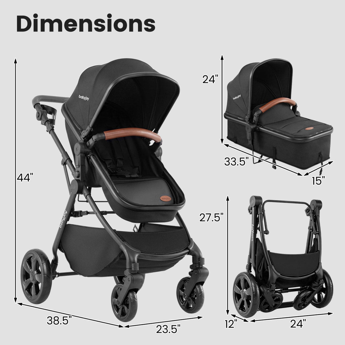 Black convertible baby stroller, side view with canopy and padded seat unit