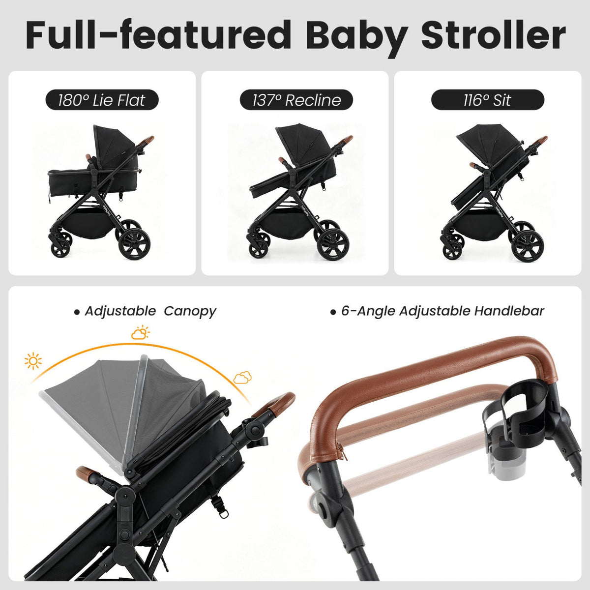 Convertible baby stroller with canopy and four-wheel frame