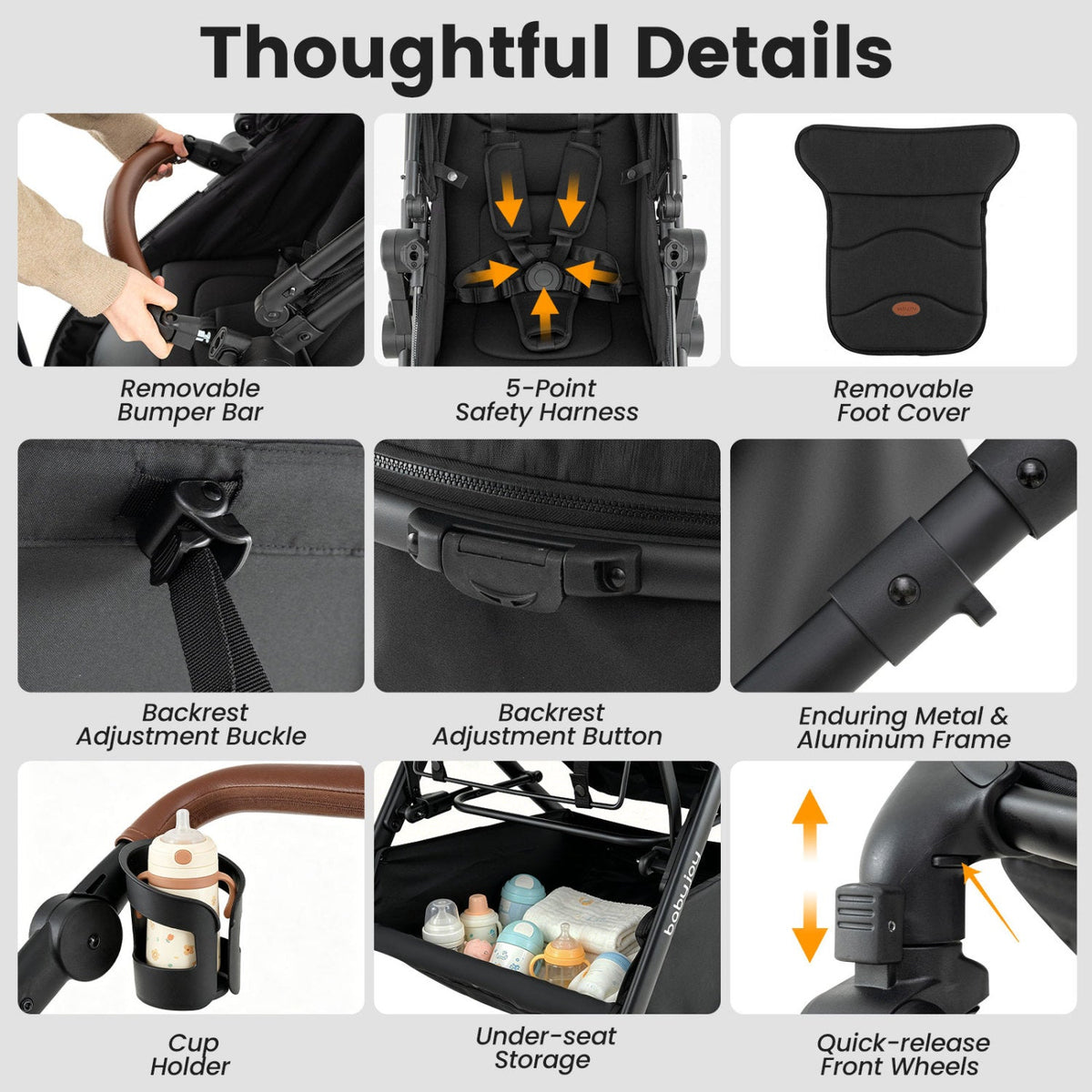 Baby stroller detail: 5-point harness, removable bumper bar, and foot cover