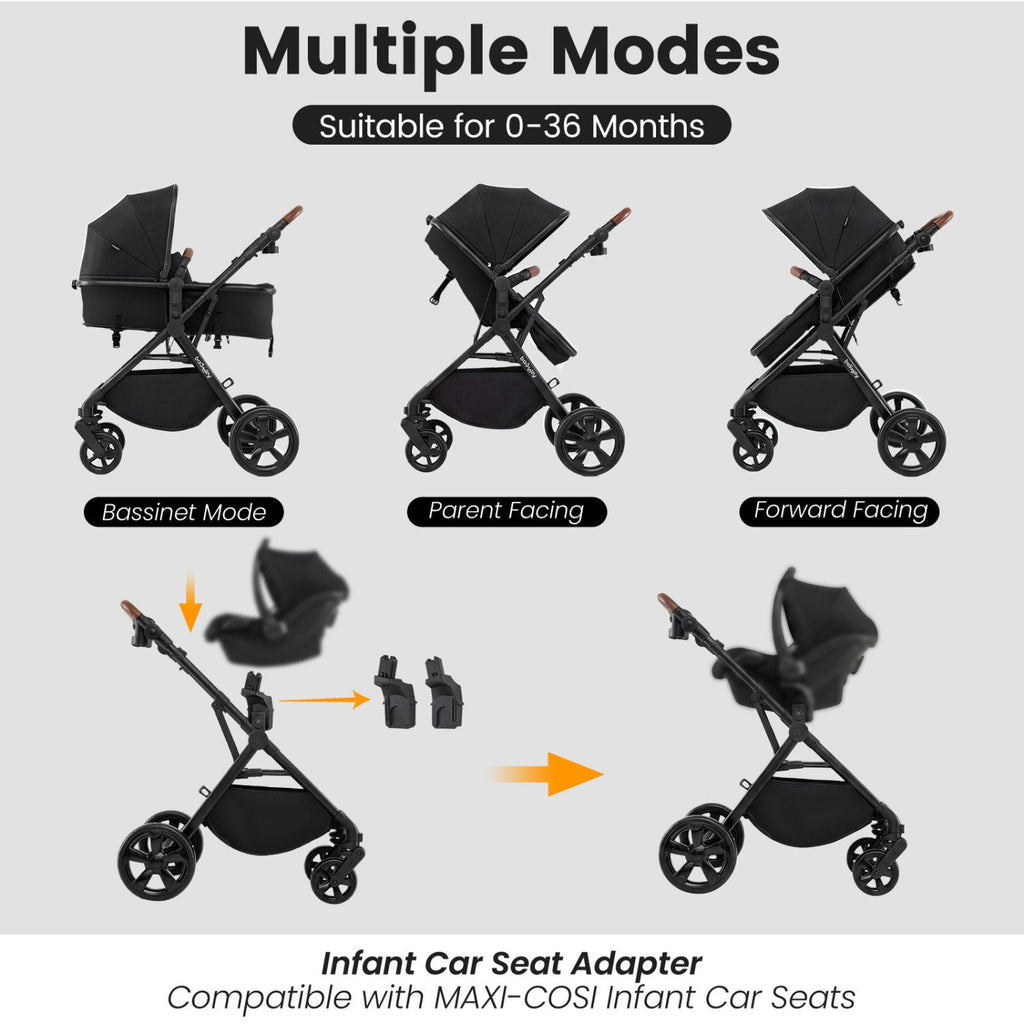 Baby stroller with multiple modes and infant car seat adapter compatibility