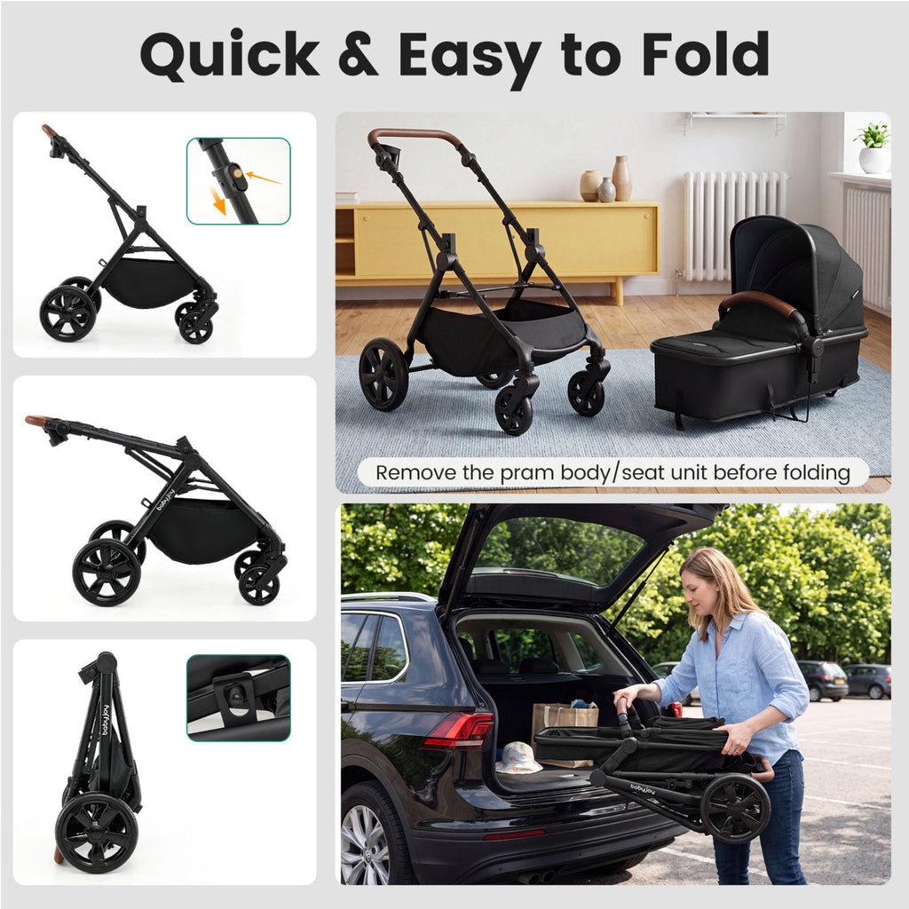 Convertible baby stroller with quick-fold design and attached car seat adapter
