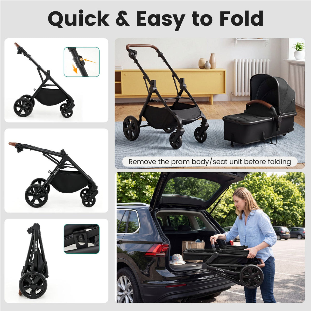 Convertible baby stroller with quick-fold design and attached car seat adapter