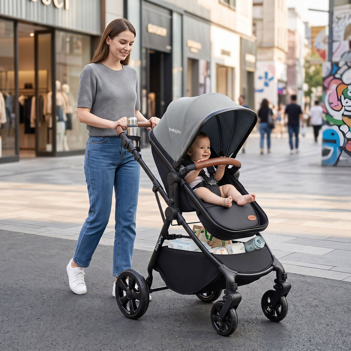 Gray baby stroller with dark seat, extendable canopy, and parent push handlebar
