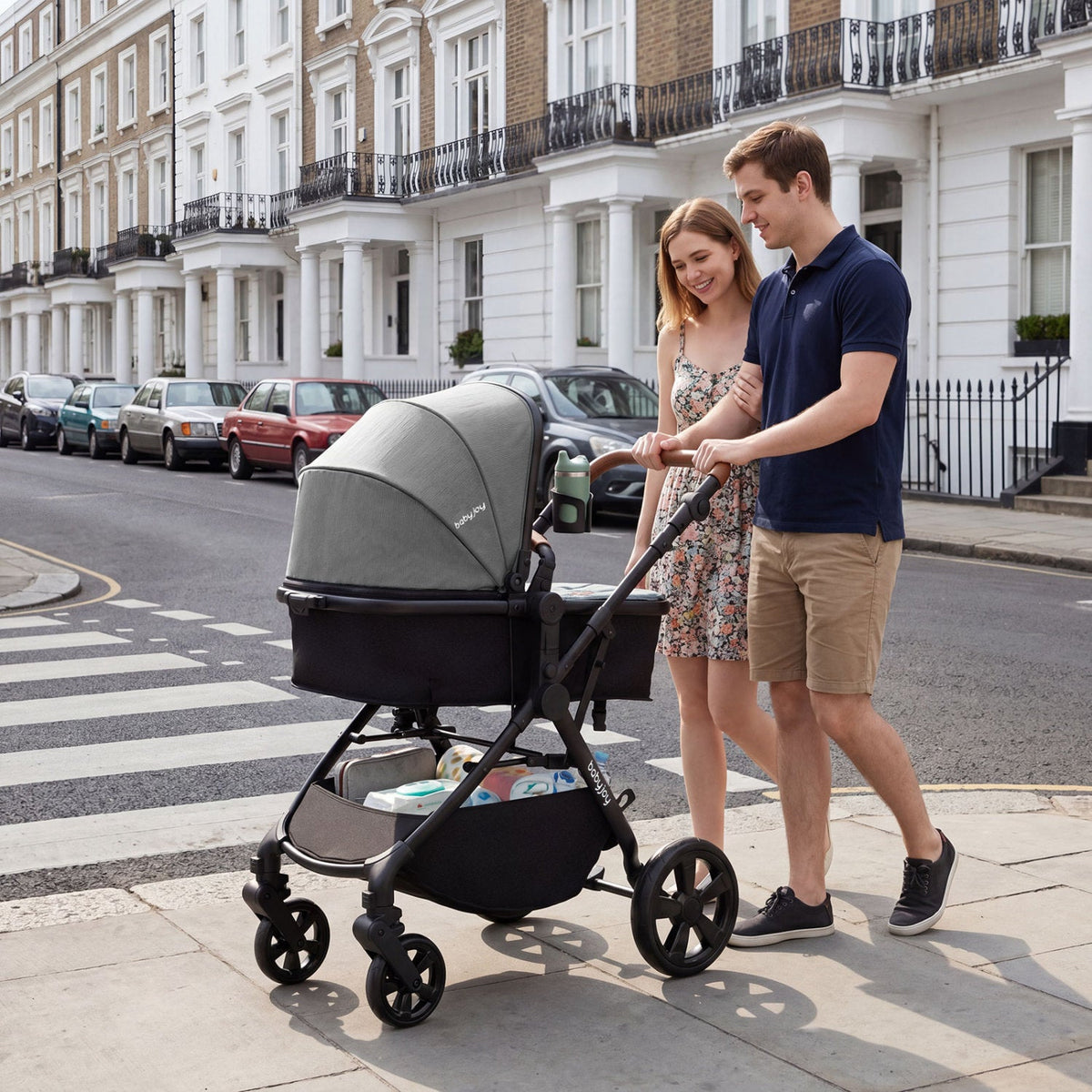 Gray convertible baby stroller with black seat, large wheels, and canopy cover