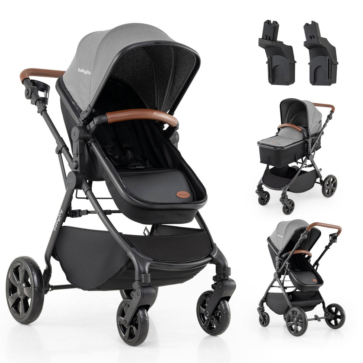 Gray and black baby stroller with cup holder, brown handle, and car seat adapters
