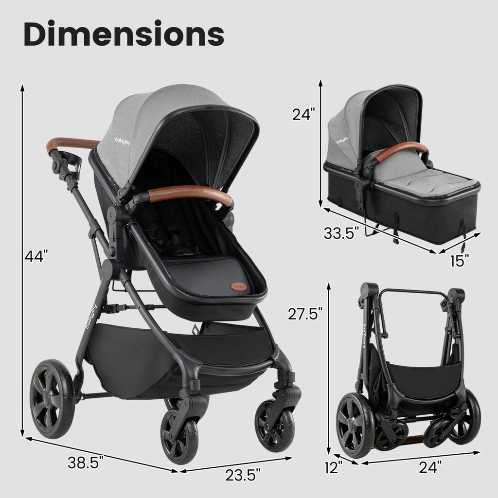 Gray and black stroller with canopy and brown handlebar shown with measurements
