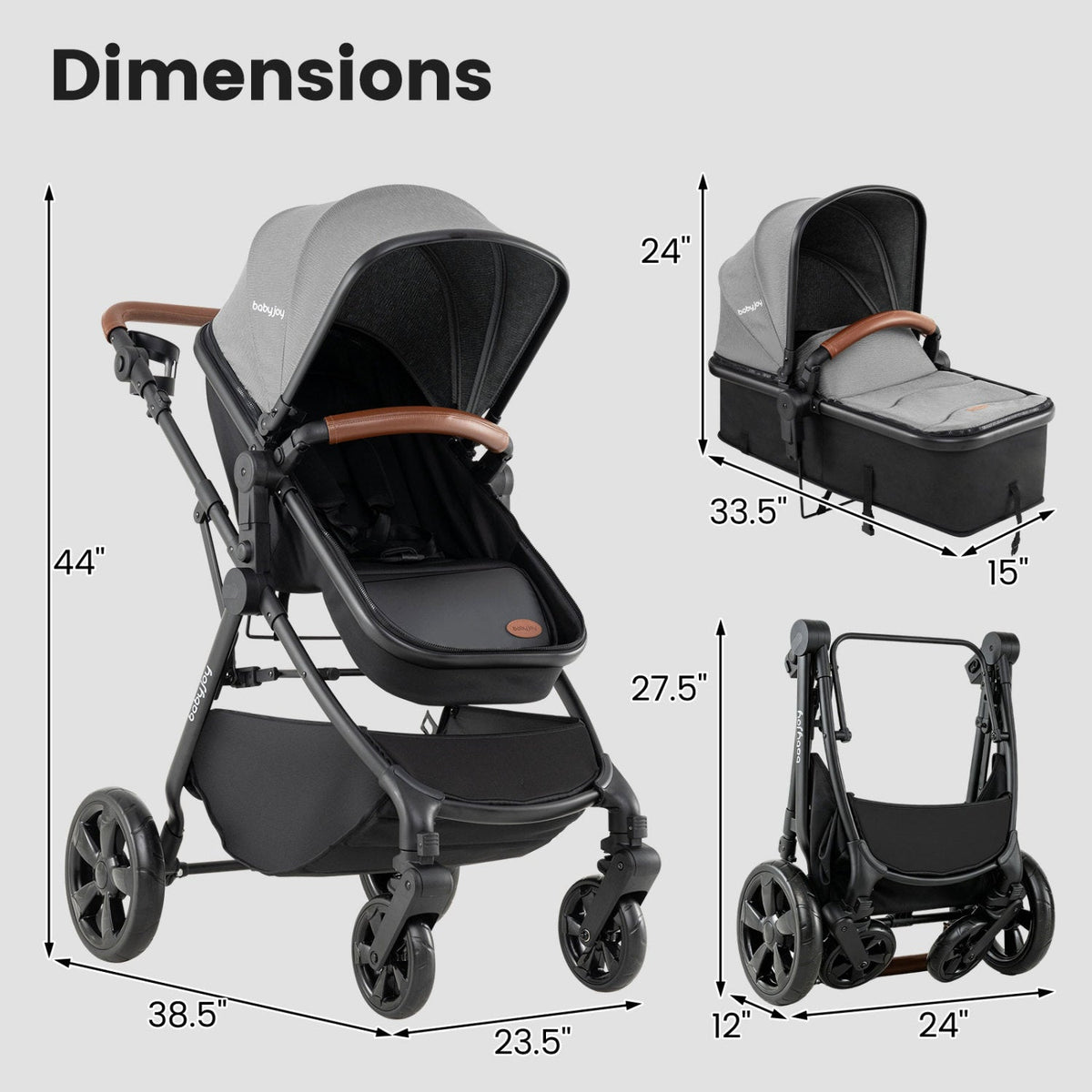 Gray and black stroller with canopy and brown handlebar shown with measurements