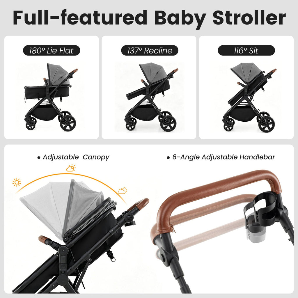Gray stroller with adjustable canopy, reclining seat, and foldable flat seating design