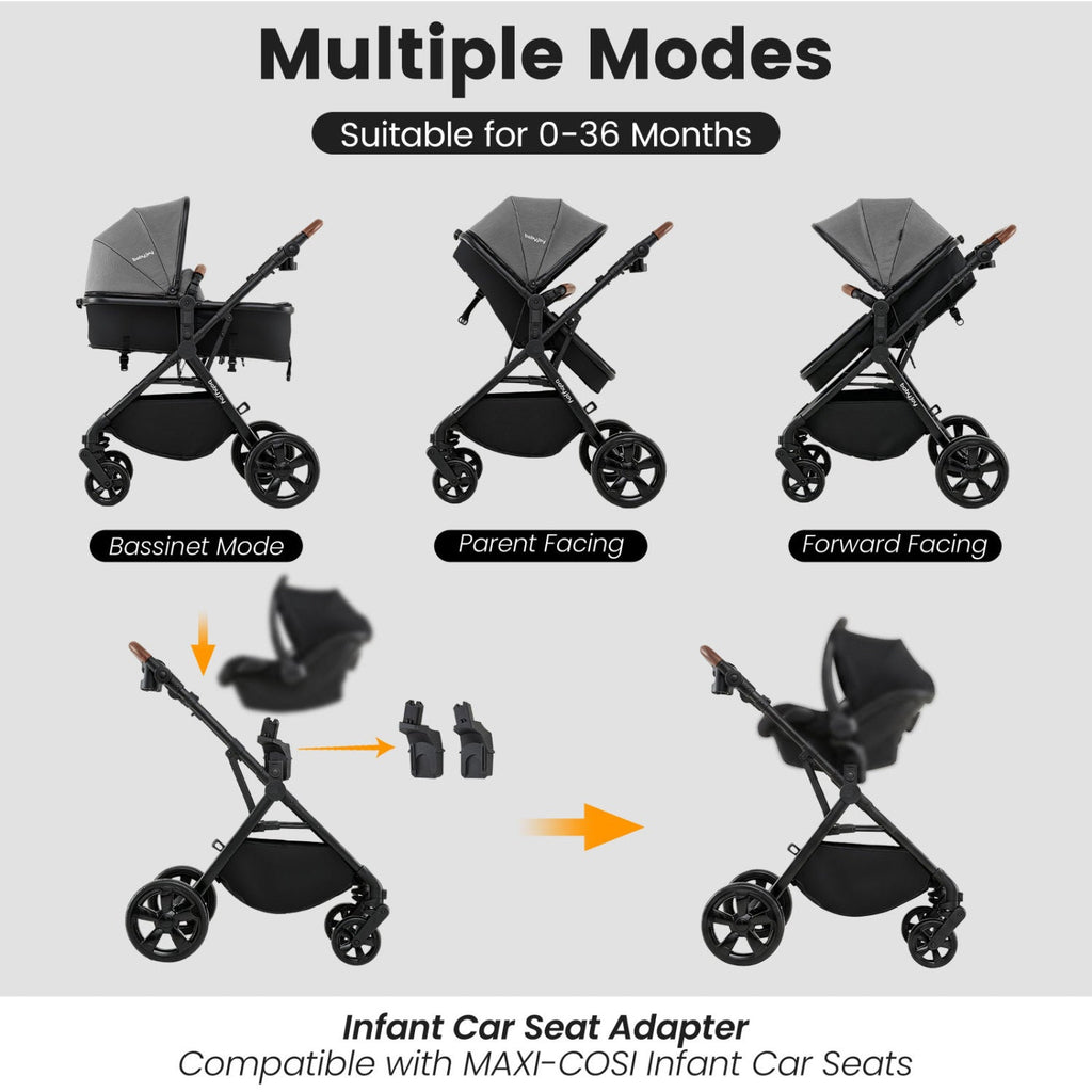 Gray stroller with multiple configurations and visible car seat adapter connection parts