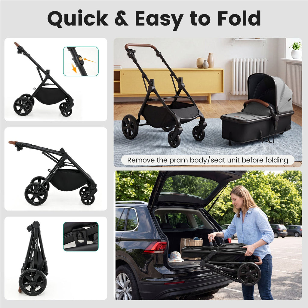Gray stroller with quick fold design and removable seat unit shown in use