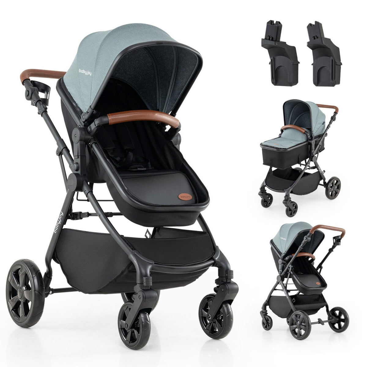 Gray baby stroller with carrycot-style seat and car seat adapter brackets, 4-wheel frame