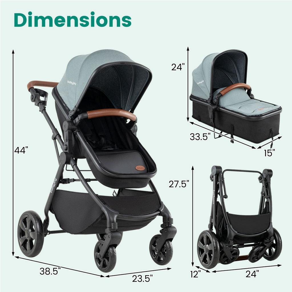 Gray convertible baby stroller, front and side view with adjustable canopy and seat unit