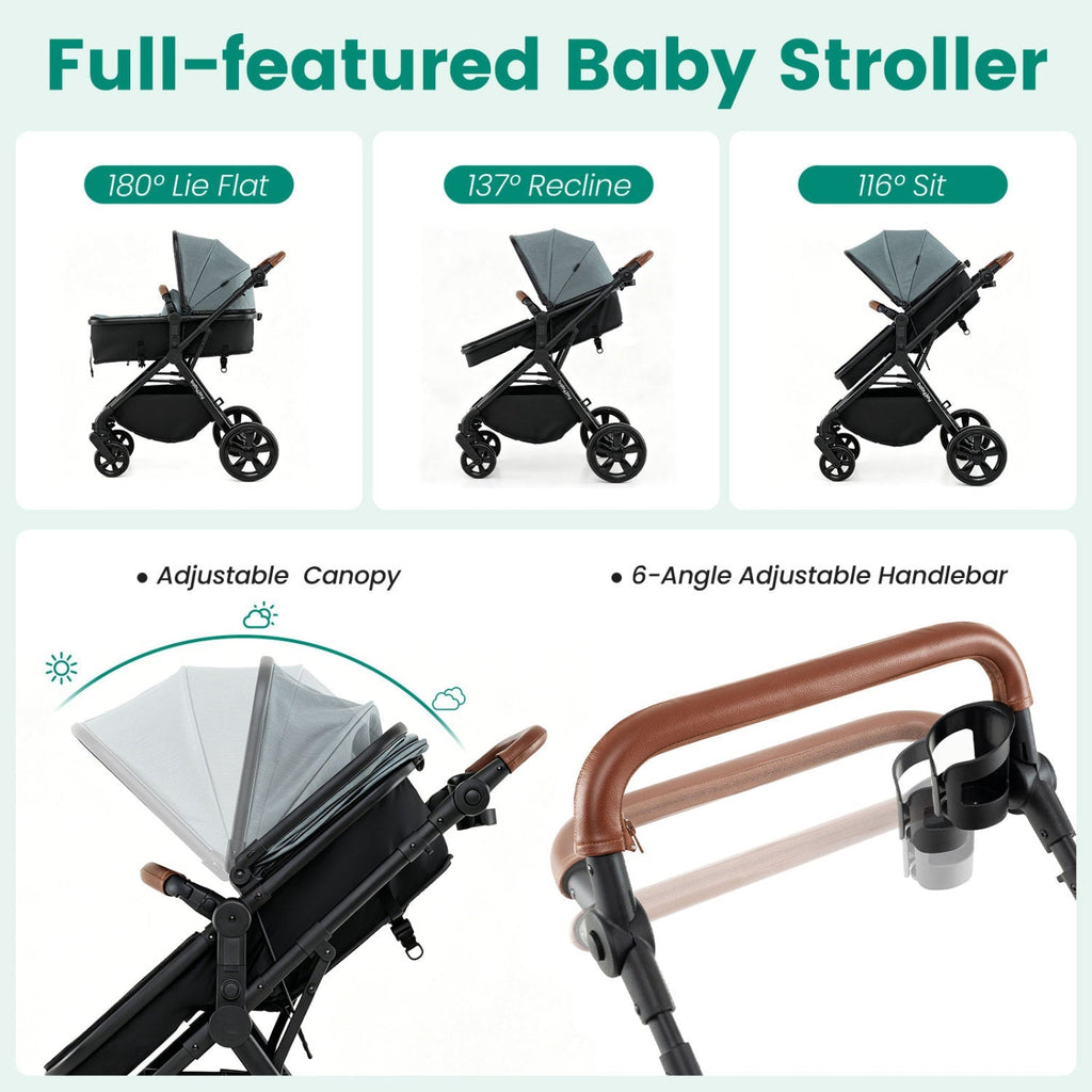 Baby stroller shown in multiple recline positions with adjustable canopy
