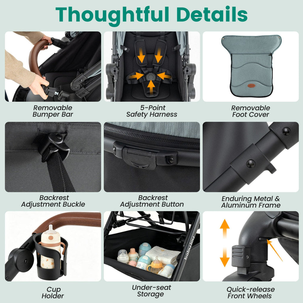 Baby stroller features: removable bumper bar, 5-point harness, foot cover, cup holder, storage
