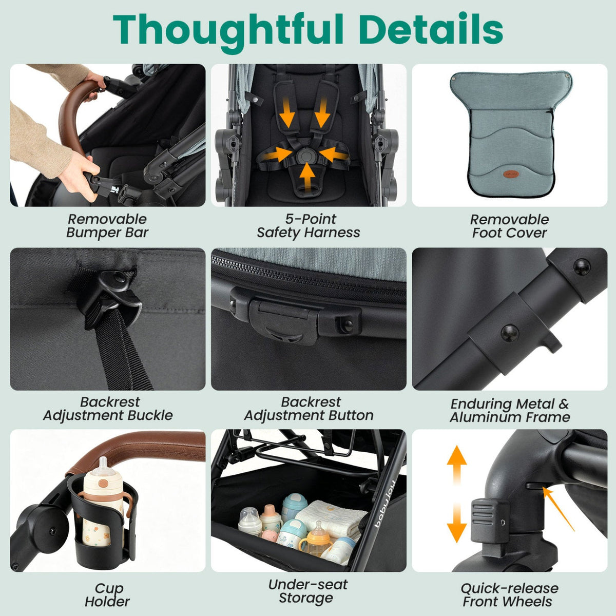 Baby stroller features: removable bumper bar, 5-point harness, foot cover, cup holder, storage