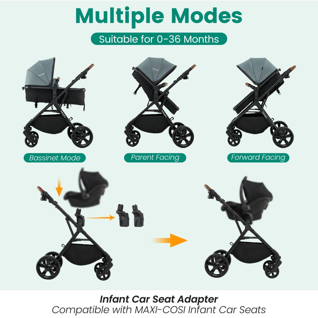 Convertible baby stroller with infant car seat adapter for bassinet, parent-facing, forward modes
