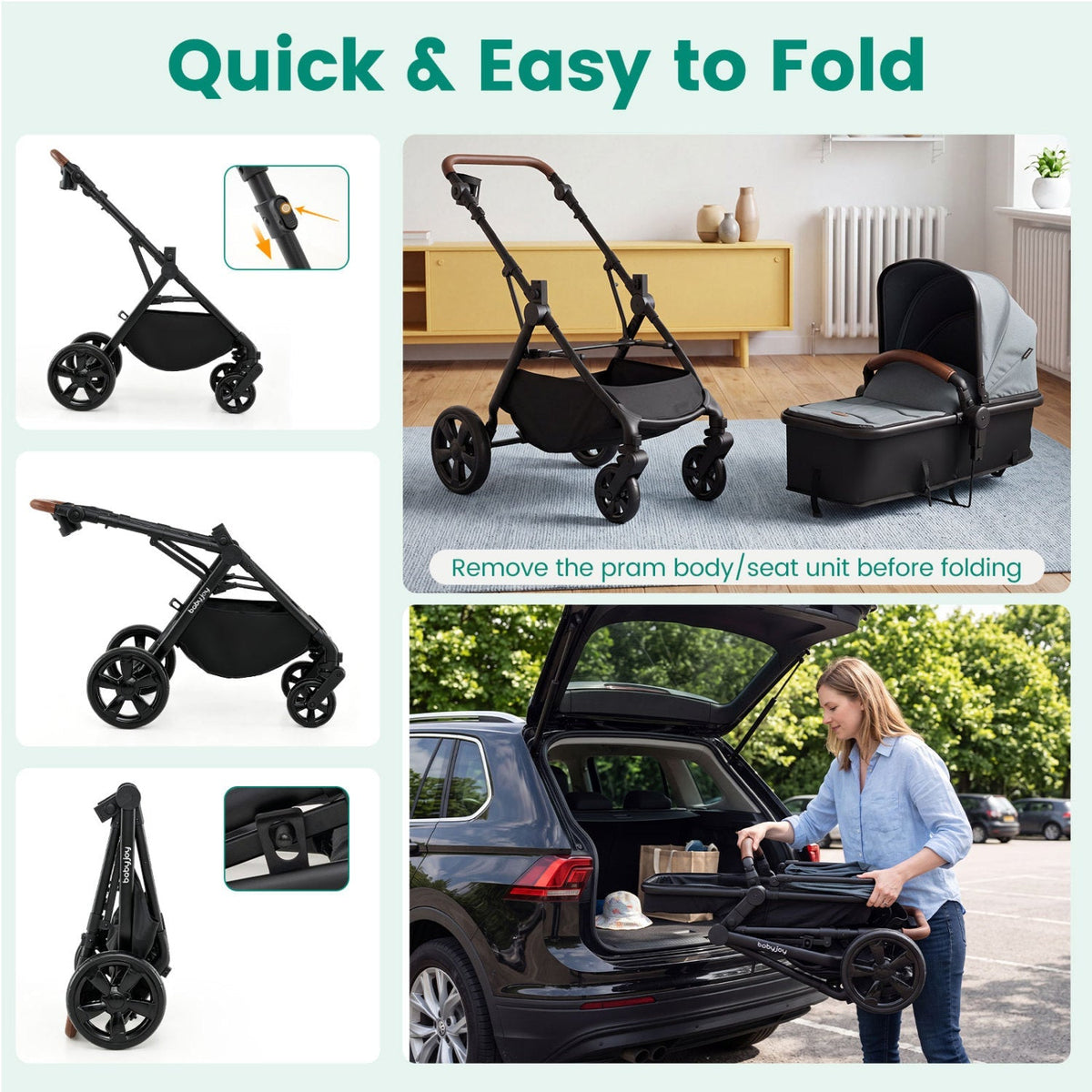Convertible stroller with quick-fold frame and removable car seat adapter hardware