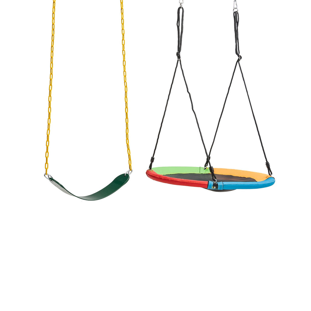 Two saucer swing seats with chains and black hanging straps, no stand