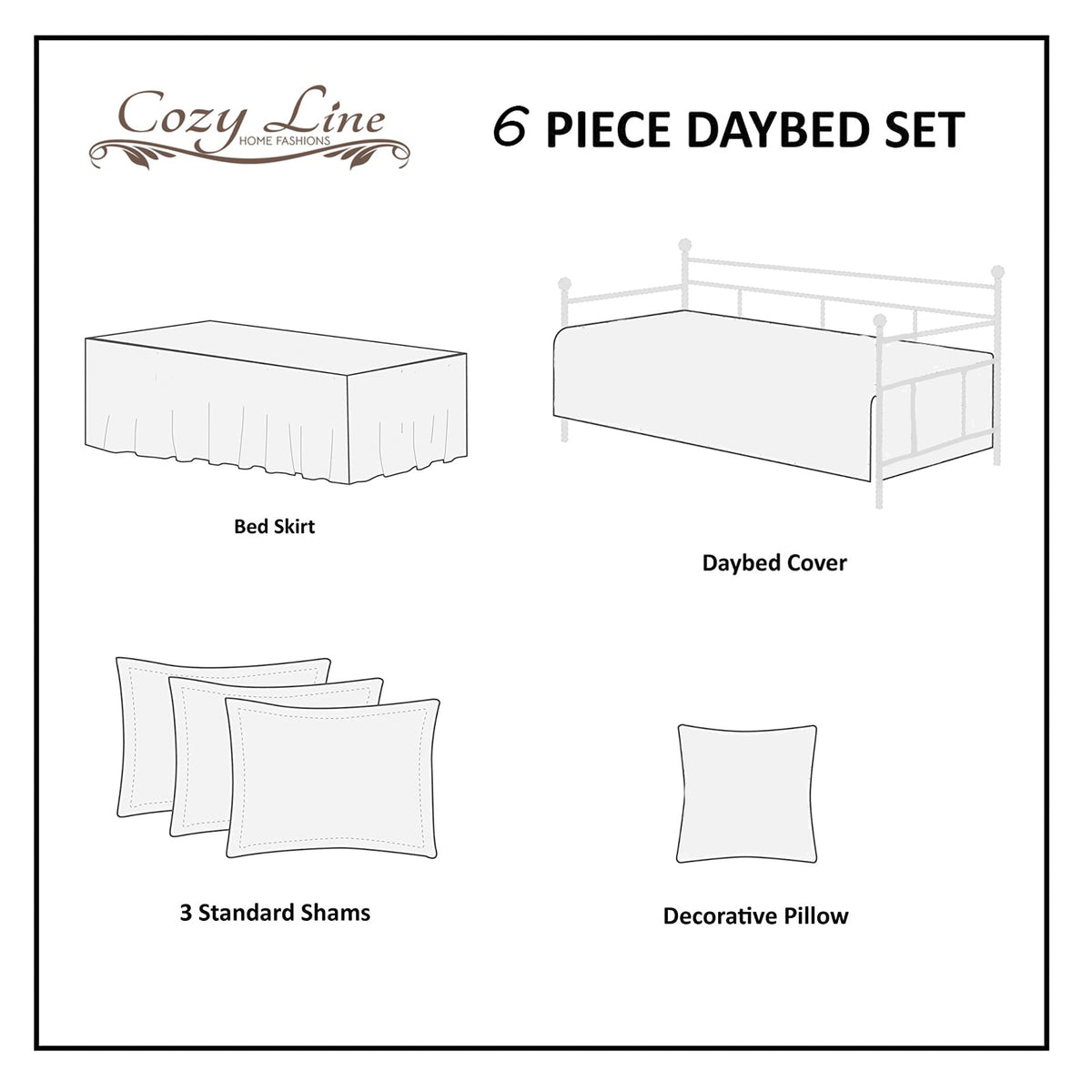 Daybed set diagram showing fitted cover, bed skirt, three shams, and decorative pillow