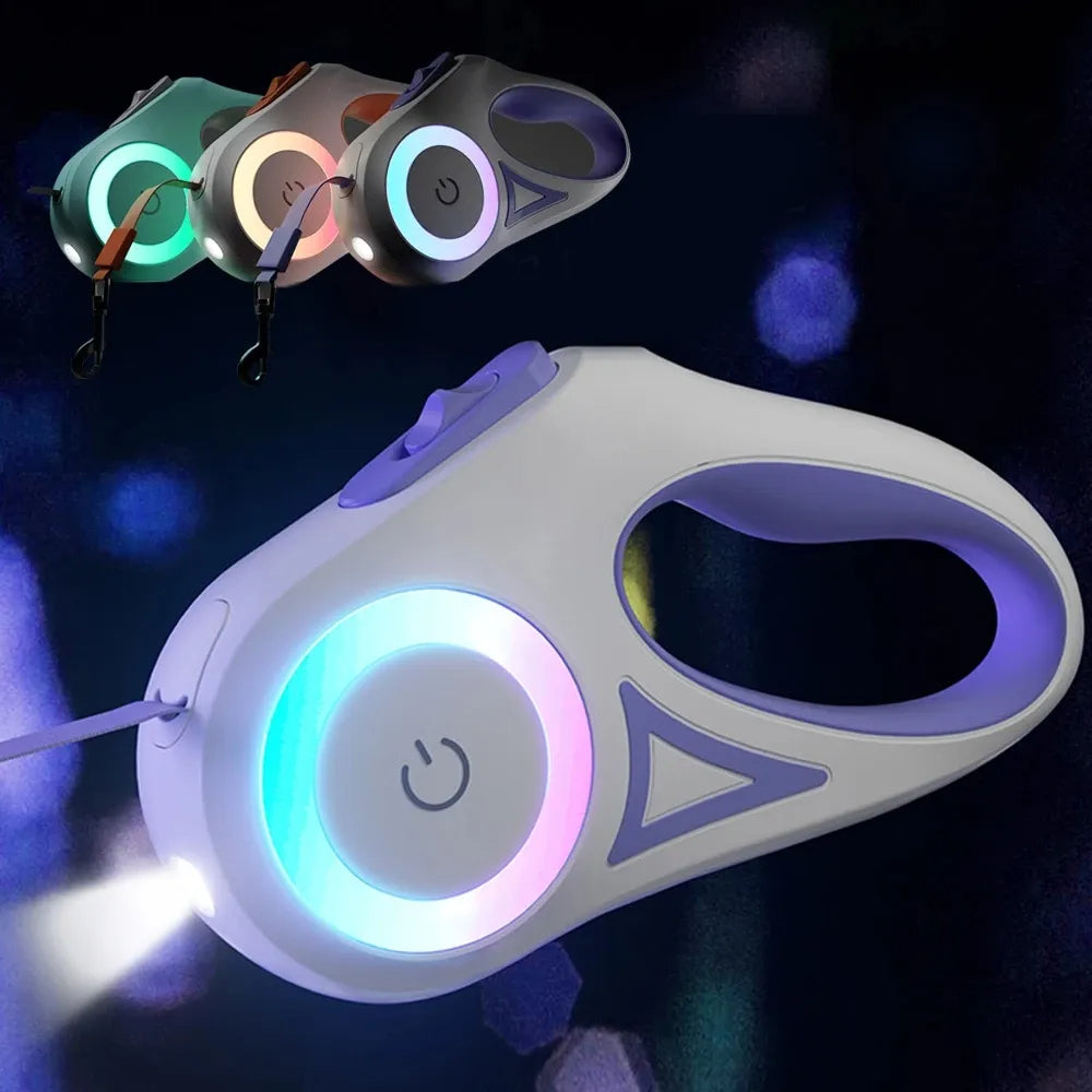 Purple LED retractable pet leash with U-shaped belt handle and glowing control button