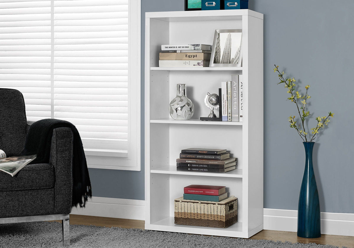 5-tier white bookshelf with open shelves in a living room setting