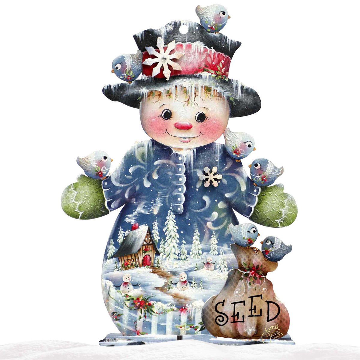Christmas yard sign snowman with birds, hat with snowflake band, and 'SEED' basket