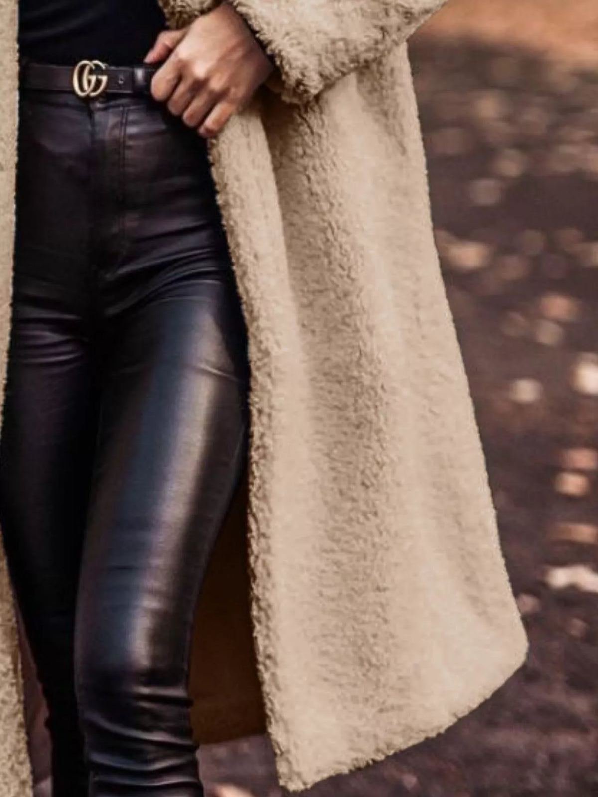 Beige teddy longline coat detail, plush hood and front button closure