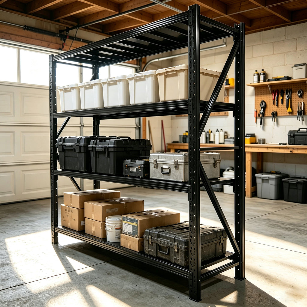 Black four-tier industrial metal shelving rack with adjustable shelves, shown holding storage bins and boxes