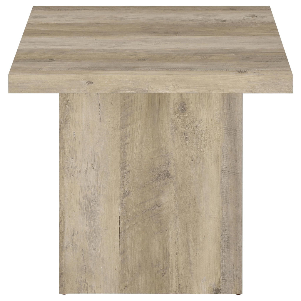 Square engineered wood end table top and side panel, distressed light pine finish