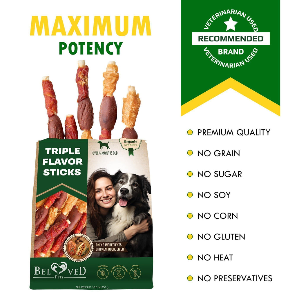 Maximum potency dog treat pack with upright rawhide sticks and feature bullets