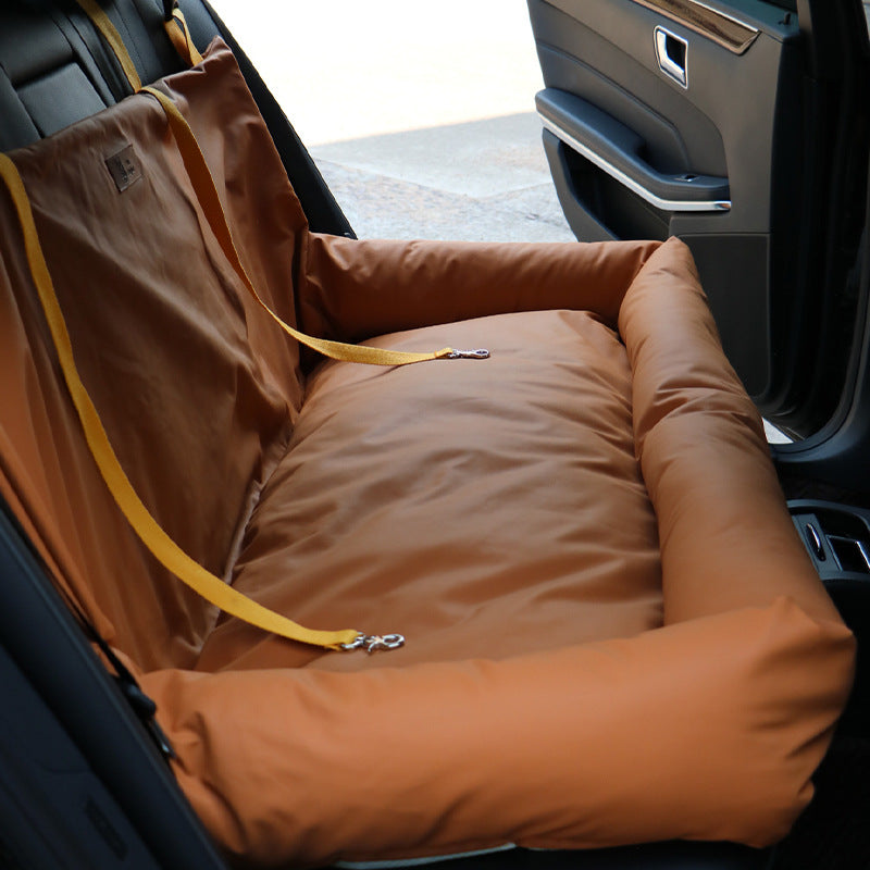 Dual-seat car dog bed, brown waterproof cushion with yellow safety straps