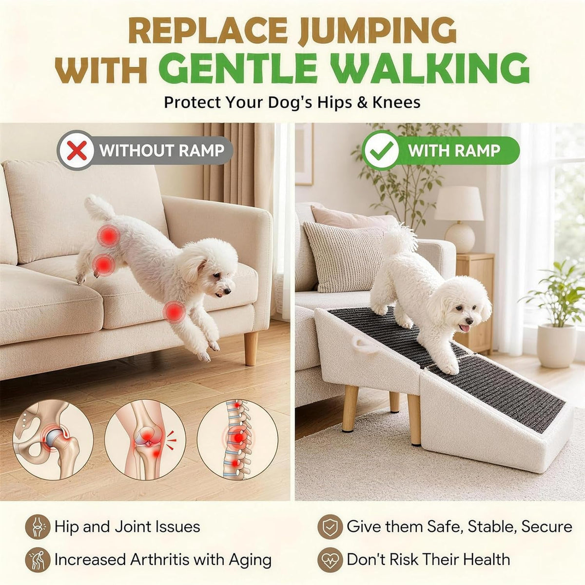 White dog ramp ottoman with dark non-slip tread, shown helping a dog climb down