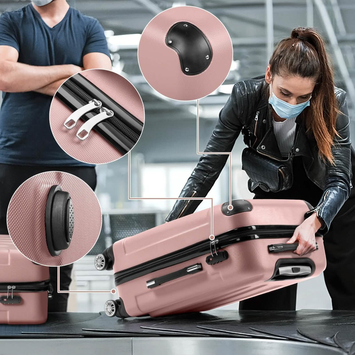 Rose hard shell spinner suitcase with close-up of corner wheel assembly and handle