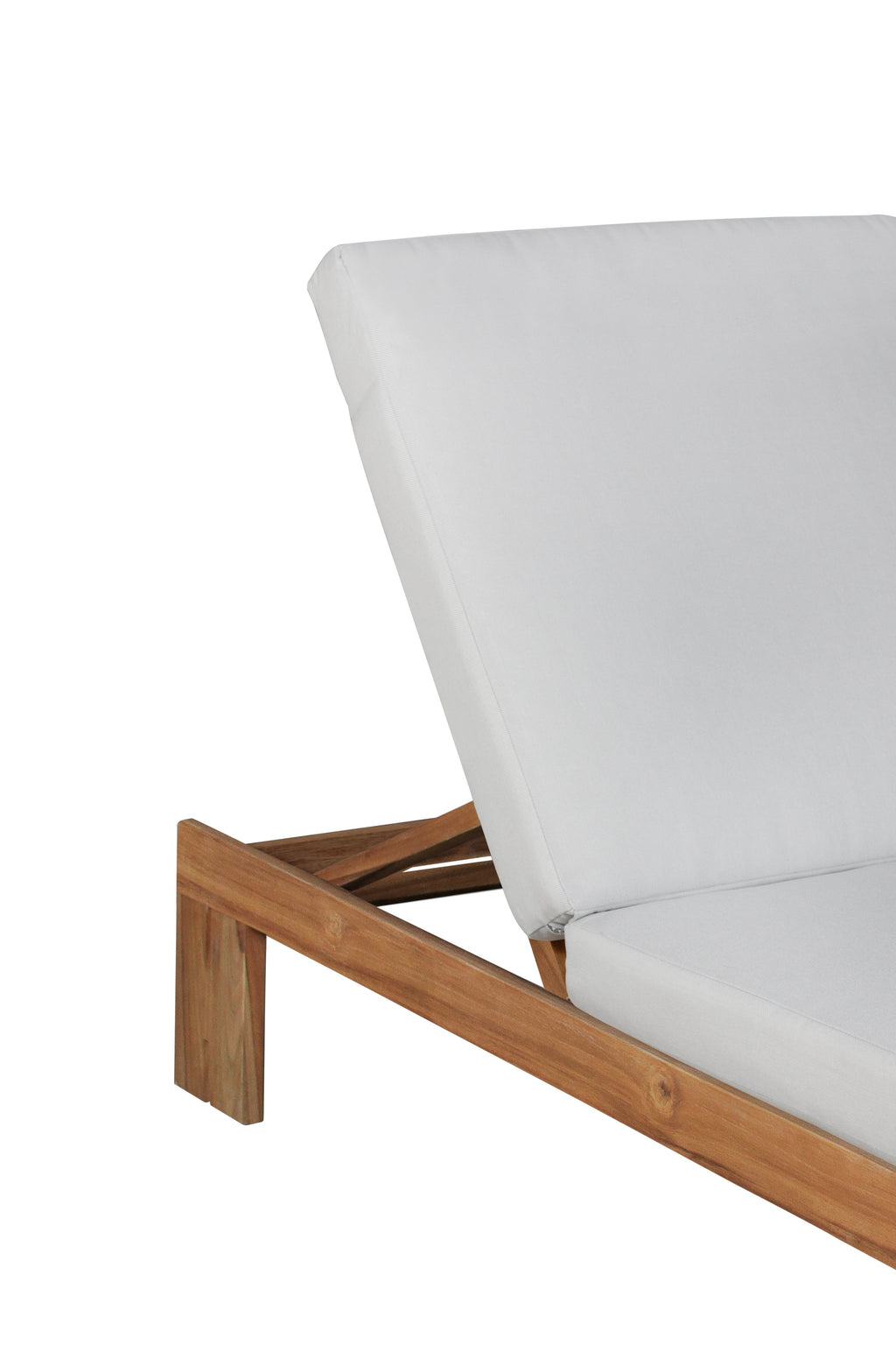 Gray upholstered chaise backrest and seat cushion on teak frame