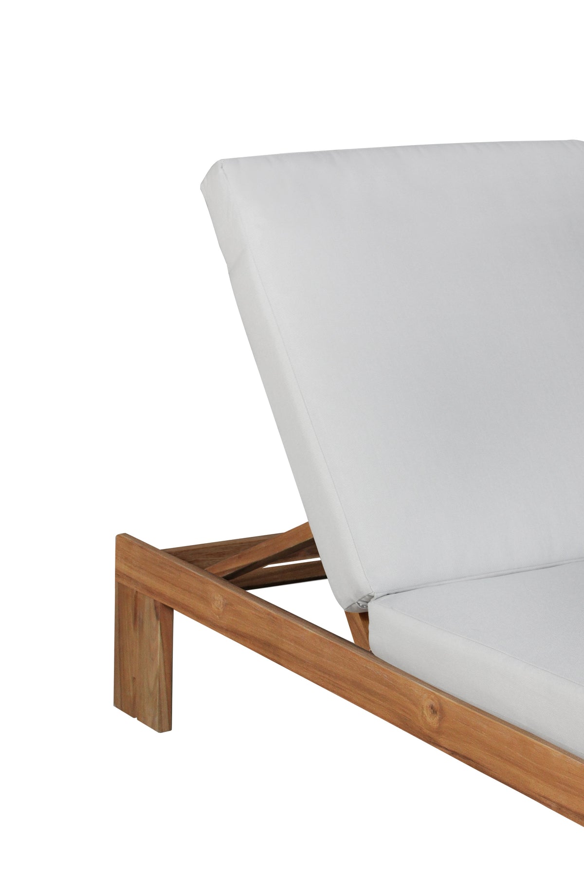 Gray upholstered chaise backrest and seat cushion on teak frame