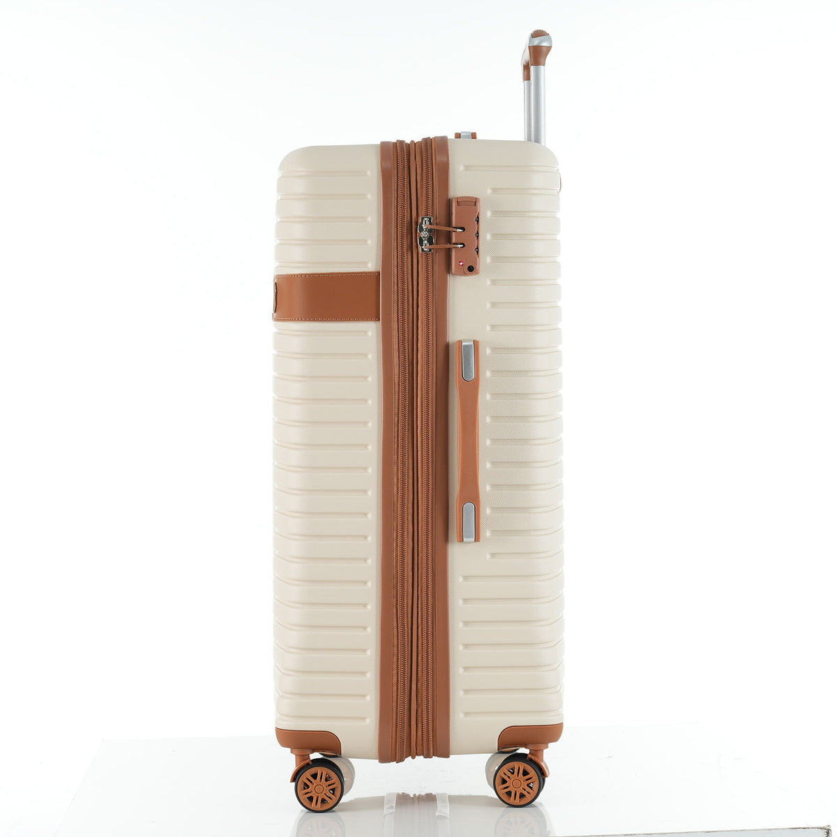 Hard-shell rolling suitcase with beige shell, brown side stripe, and top handle