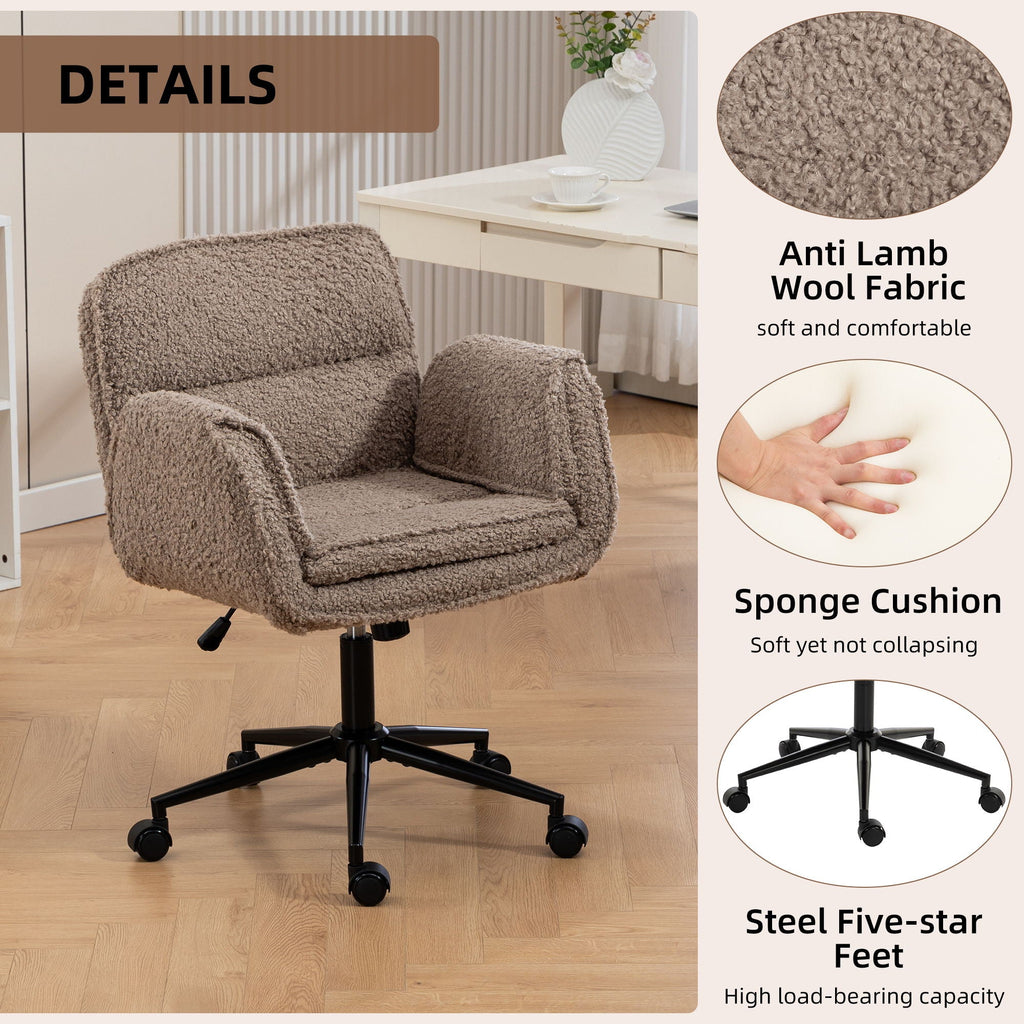 Dark brown fabric swivel desk chair with padded arms and seat, on five rolling feet